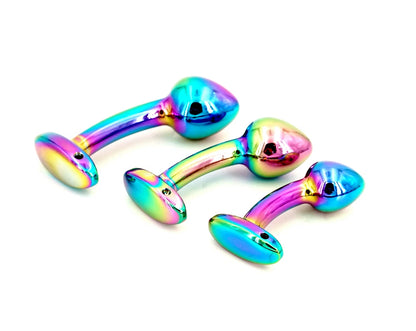 Kit Plug Anal em Metal Arco-Íris com 3 Tamanhos – Design Premium